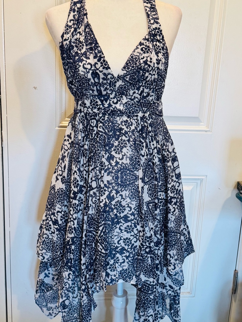 Guess Navy and White Asymmetrical Halter Dress